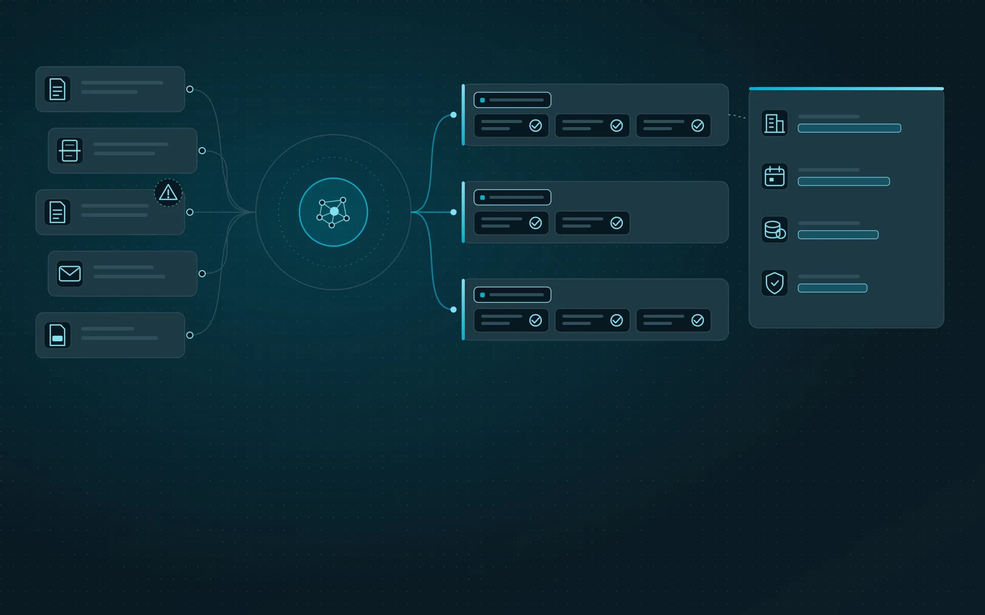 Illustration: archive documents pass through AI analysis and come back described and sorted into categories