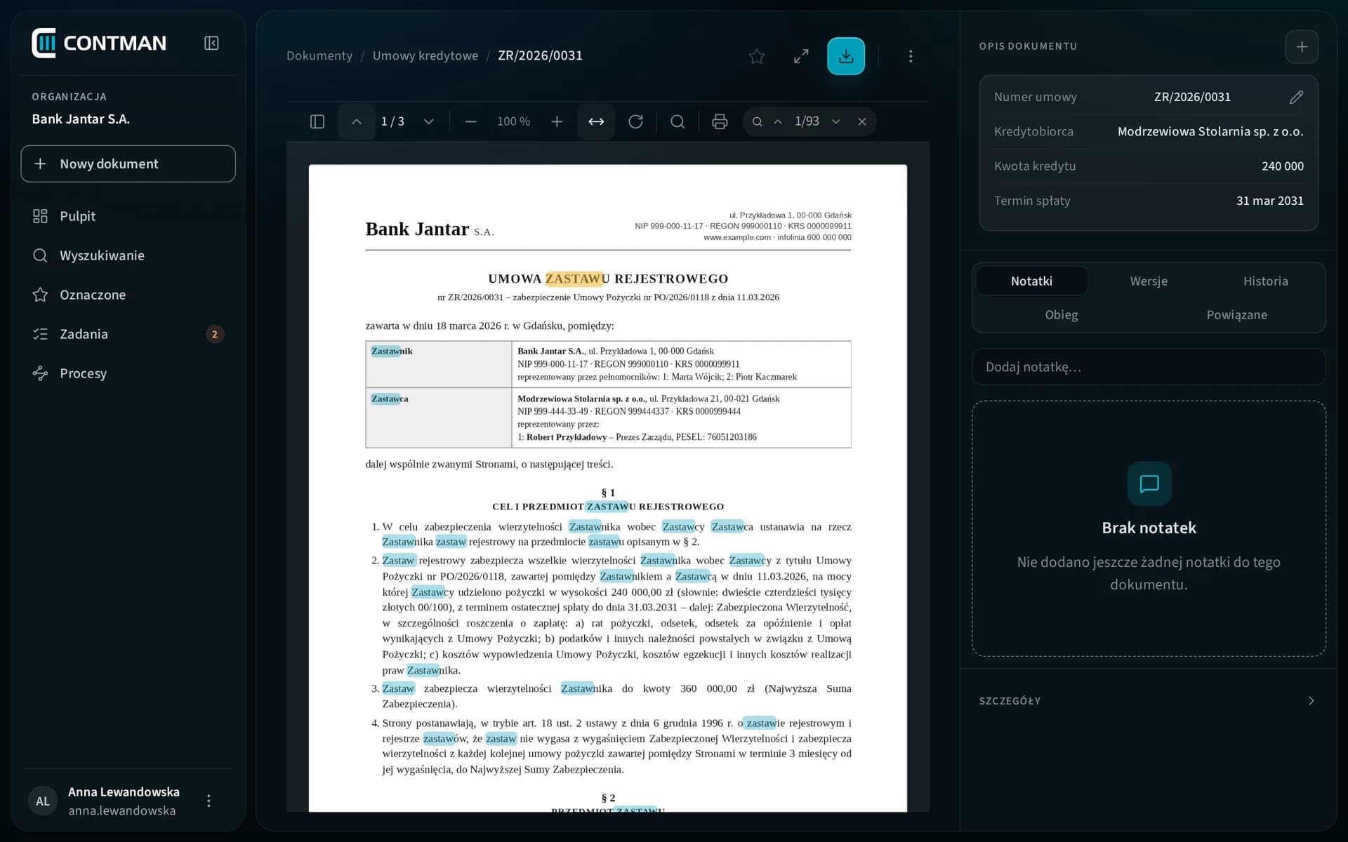 CONTMAN Archive: szukane słowo „zastaw” podświetlone w treści przykładowej umowy zastawu rejestrowego