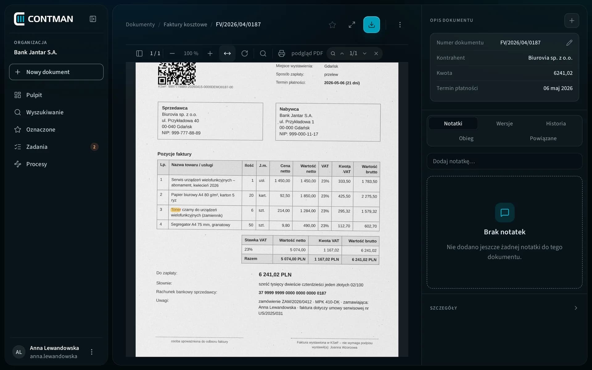 CONTMAN DP: a scanned cost invoice with recognised text and the word "Toner" highlighted