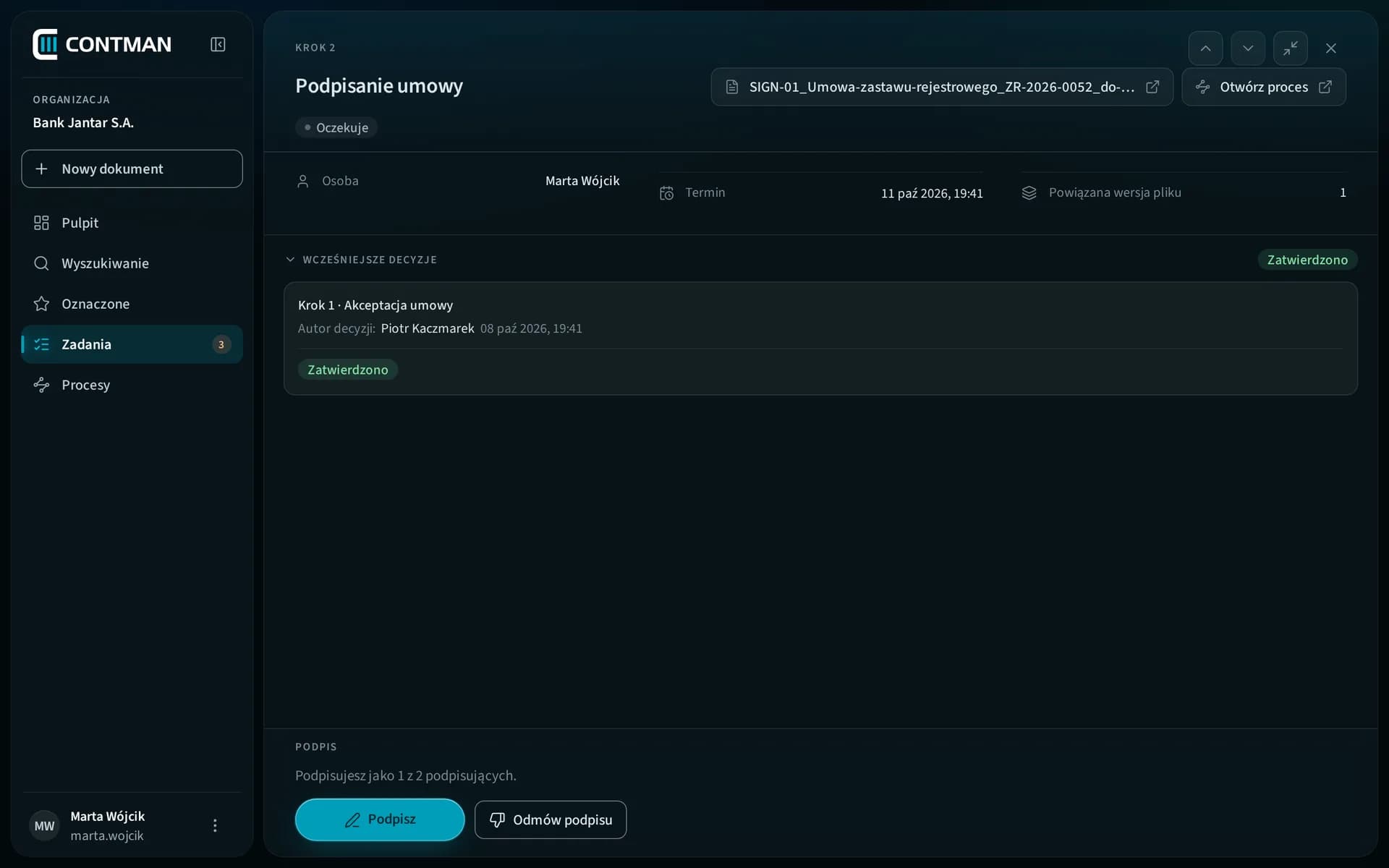 CONTMAN Sign: zadanie podpisu umowy zastawu rejestrowego, podpis jednej z dwóch osób