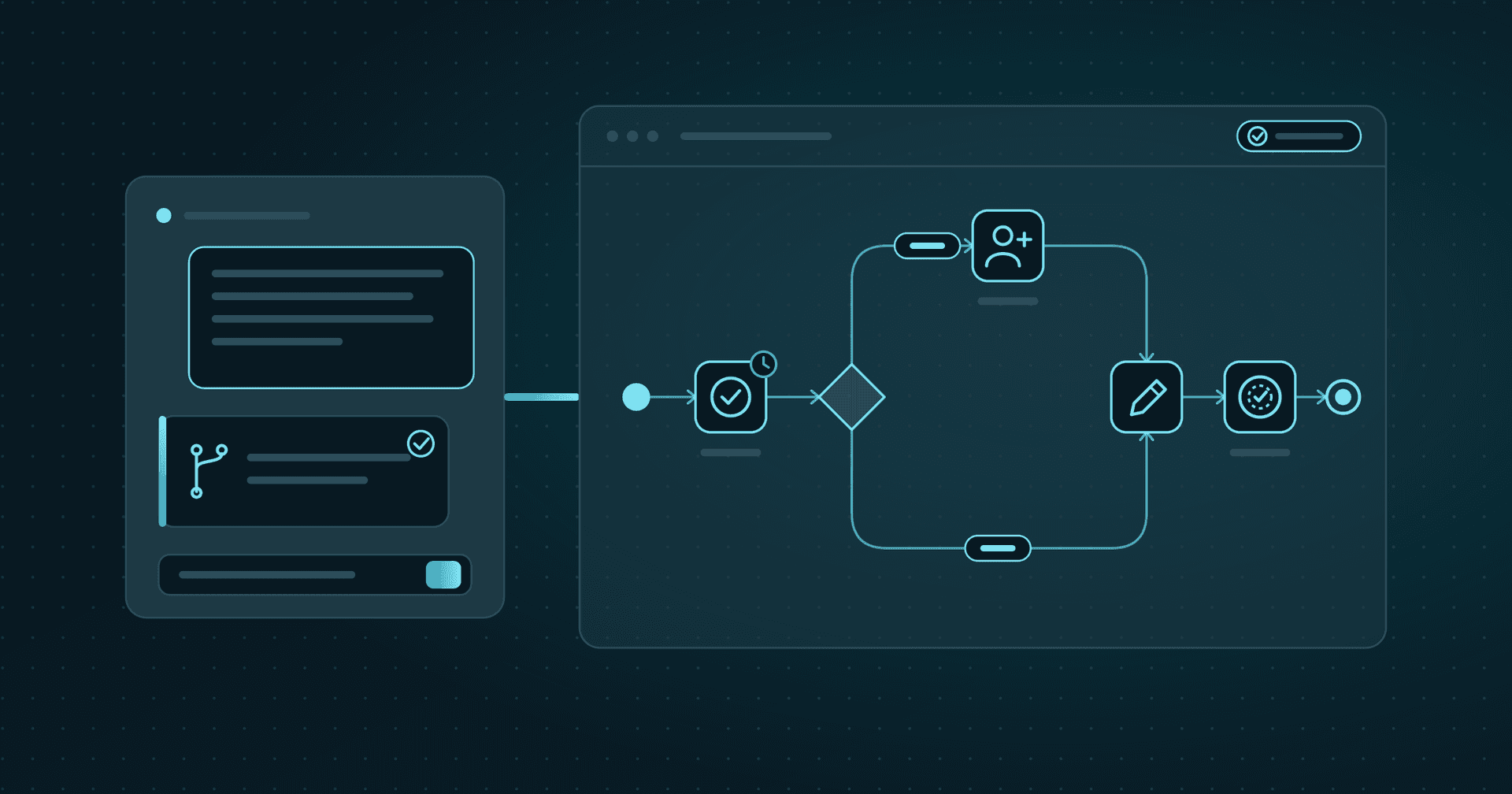Illustration: a request written in a conversation with an AI assistant becomes a workflow diagram in the editor: an approval with a deadline, a branch on a condition, the board's approval, a signature and a seal.