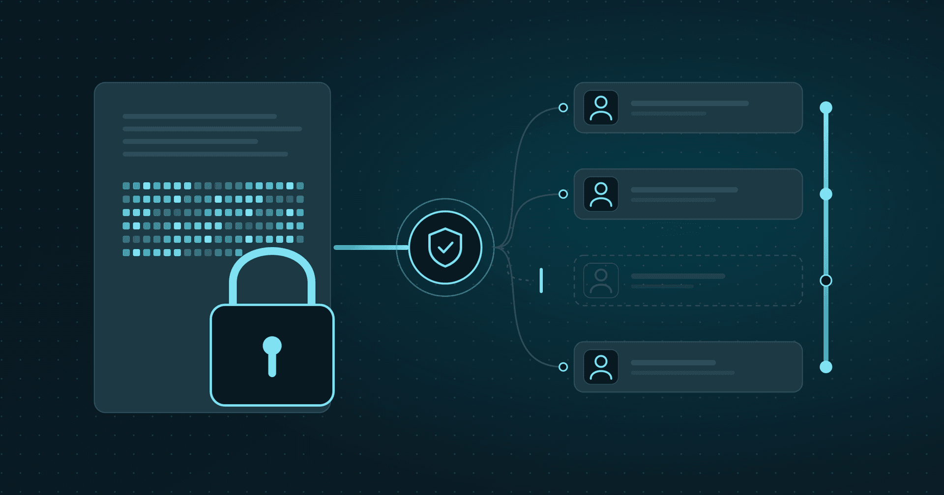 Illustration: a document secured with a padlock, its content turned into ciphertext, linked through a gate to people; three get access, one is stopped, and an event log runs beside them.