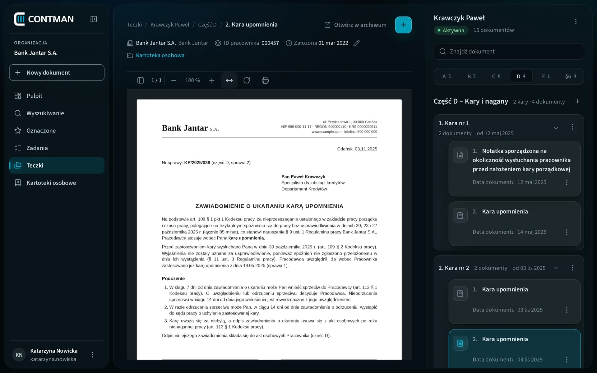 CONTMAN HR: part D of a file with two disciplinary cases and a document preview