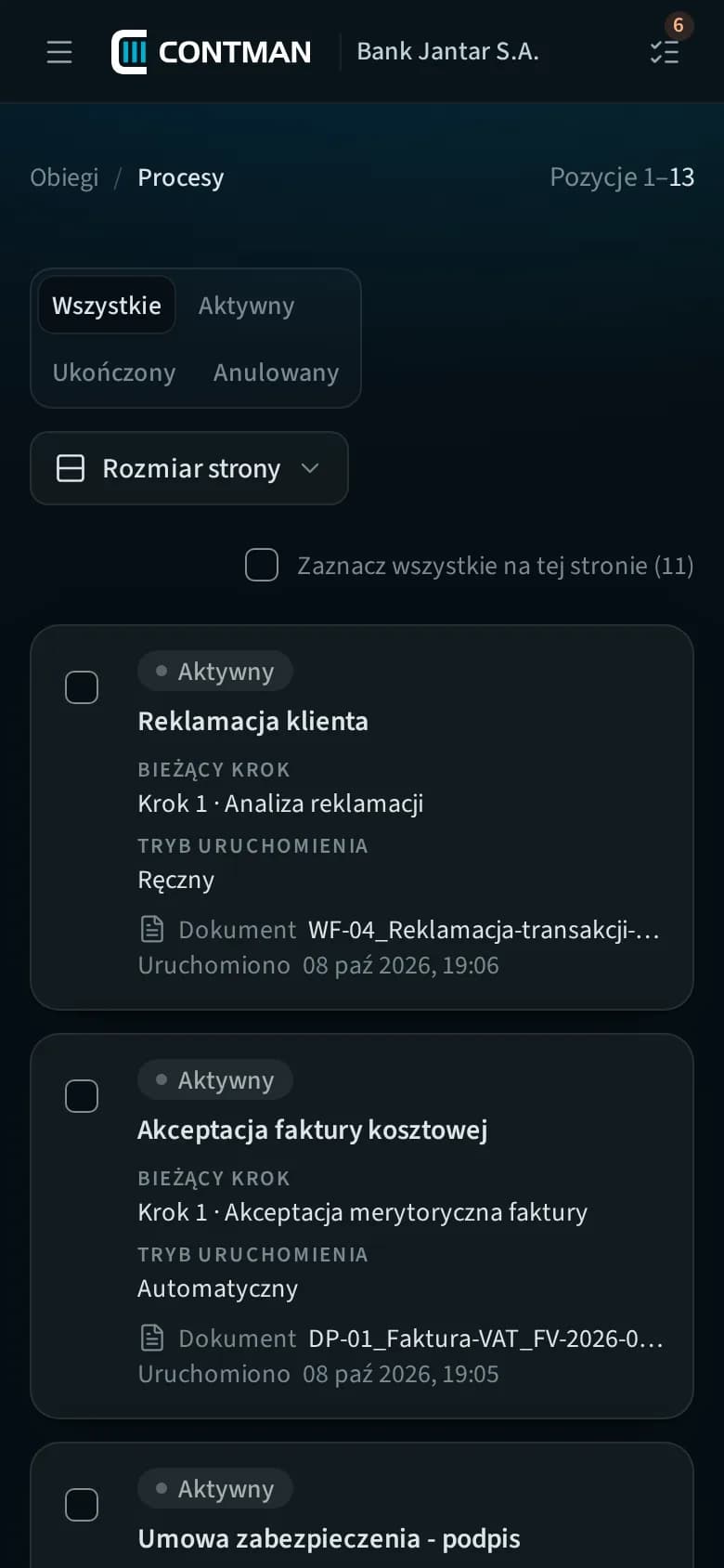 The web application on a phone: the list of workflow processes