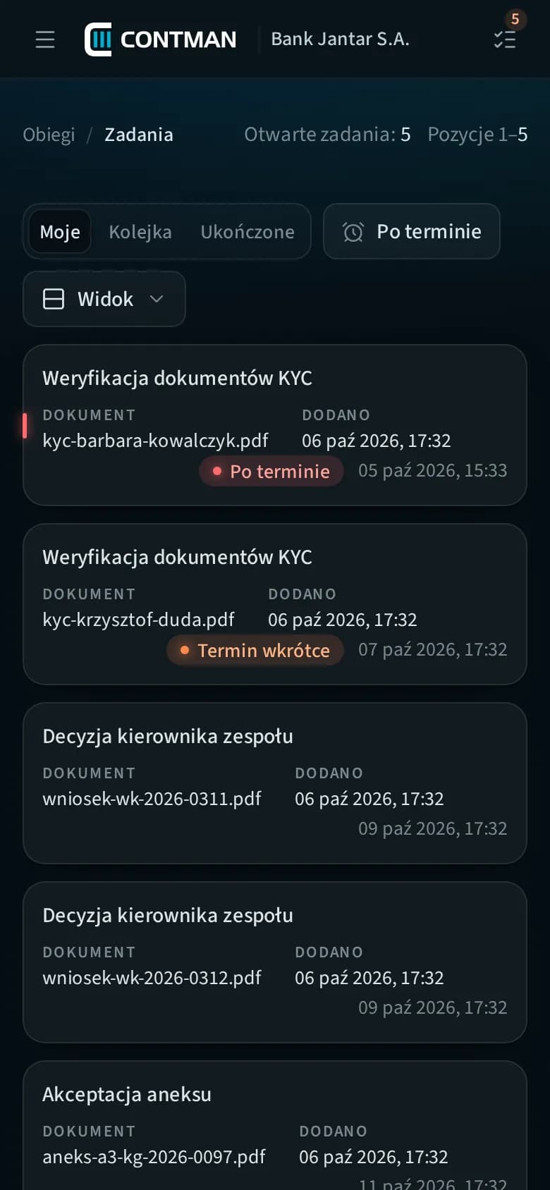 The web application on a phone: the task list with an overdue task
