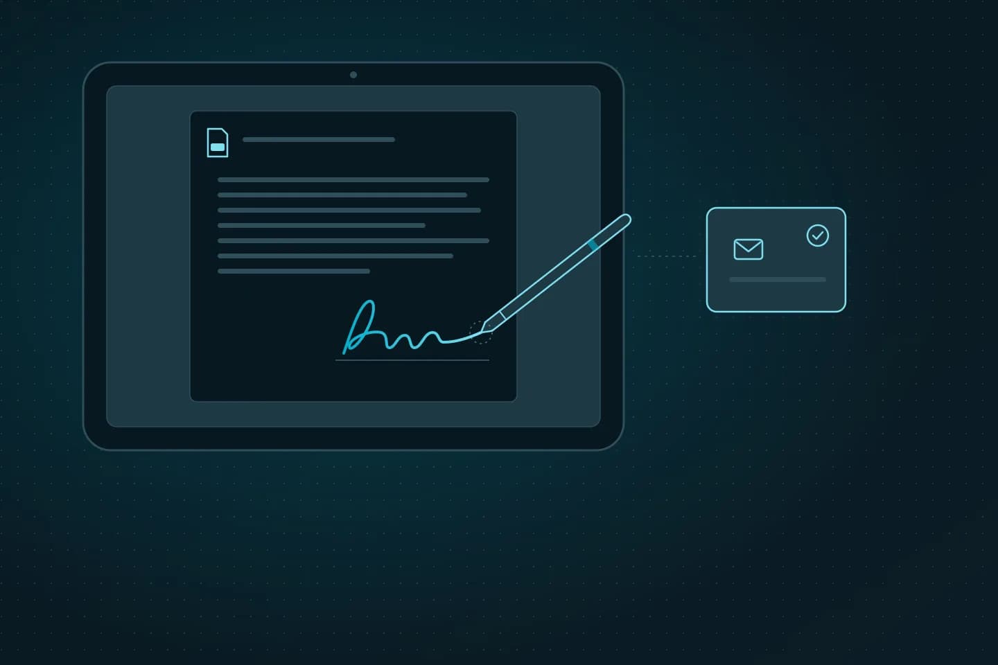 Illustration: a tablet showing a PDF document with a signature made with a stylus