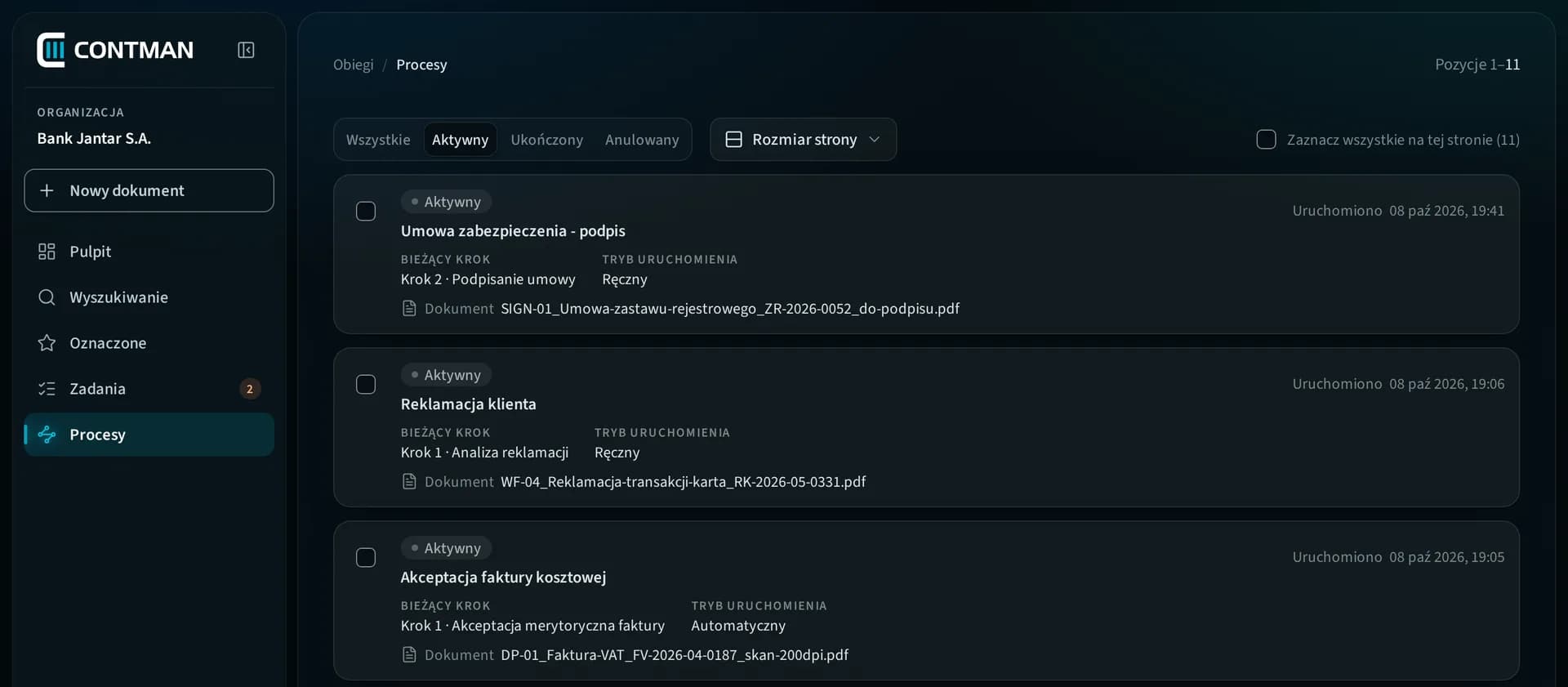 CONTMAN Workflow: the process list with the current step and the start mode "Automatyczny"