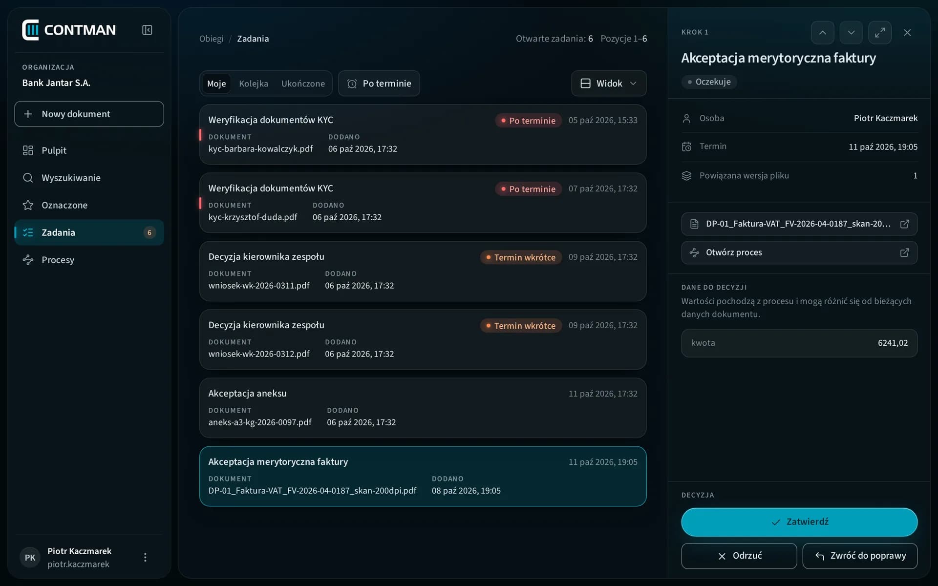 CONTMAN Workflow: a cost invoice approval task with the amount to decide on and the choice to approve, reject or return for correction
