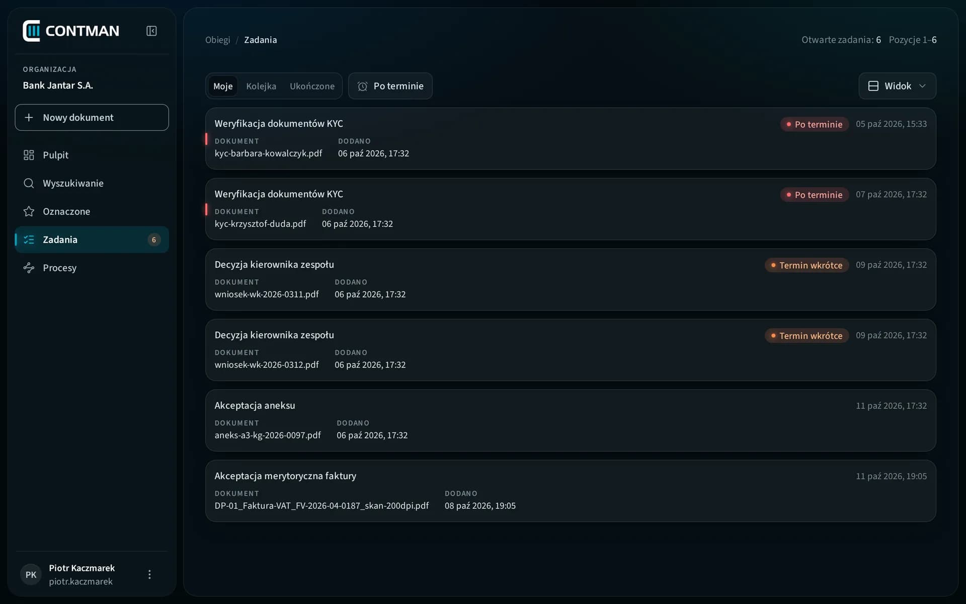 CONTMAN Workflow: the task inbox with overdue tasks, tasks due soon and a cost invoice approval