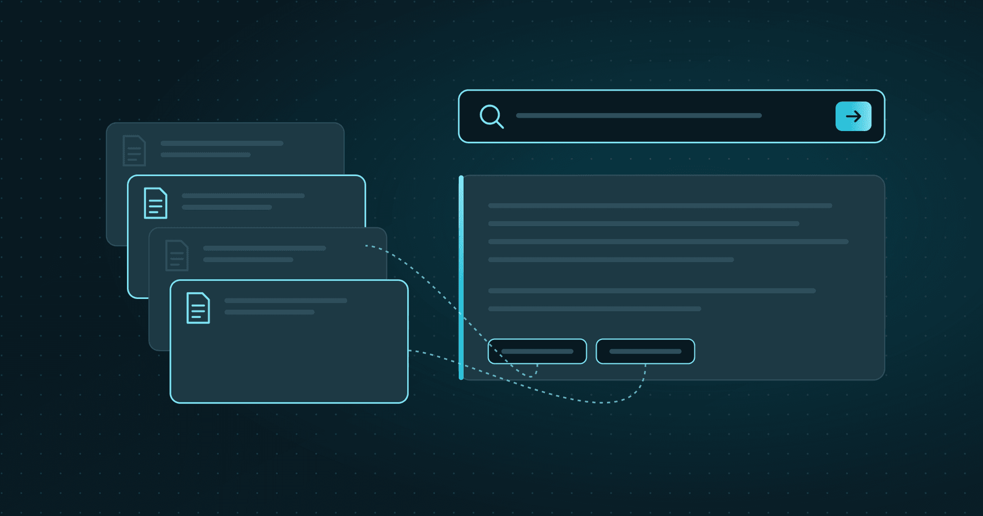 Illustration: document cards with highlighted passages linked by thin lines to an answer bubble, with a padlock above it.