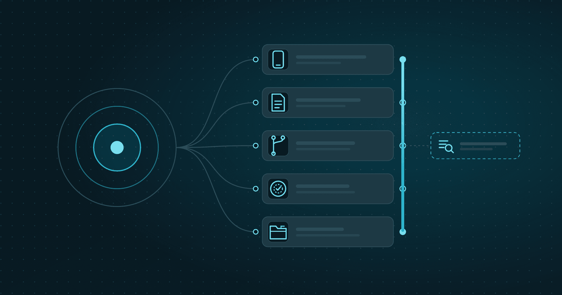Illustration: concentric circles linked by thin lines to five cards with icons of a phone, a document, a branch, a seal and a folder.