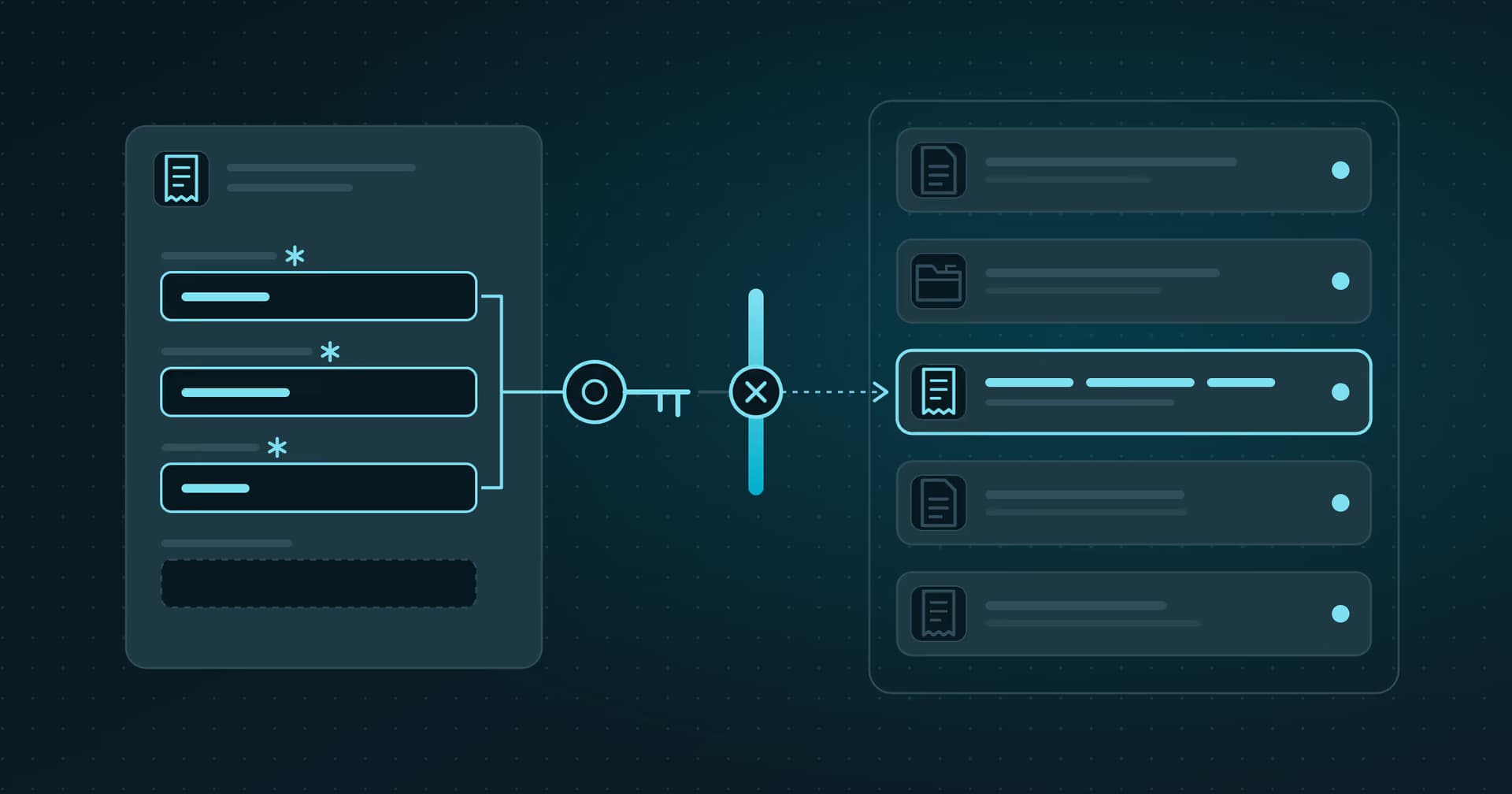 Illustration: a document description form with three required fields joined into a key that stops at a barrier in front of the archive and points to the document with the same values.